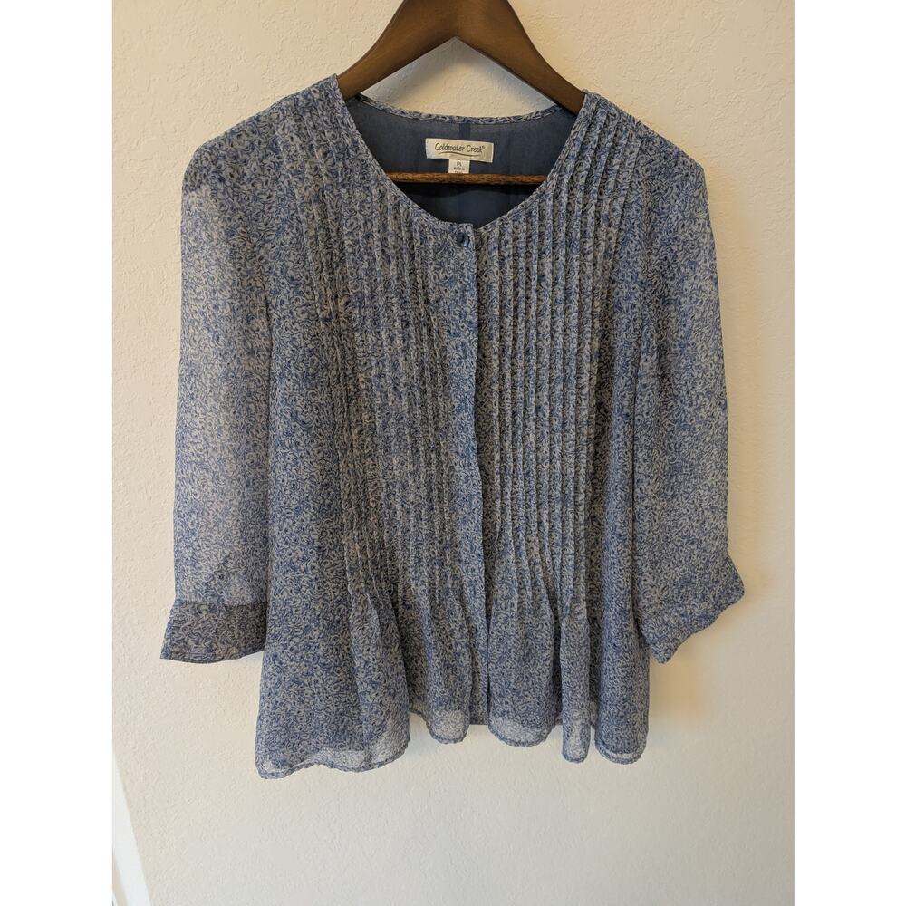 Coldwater Creek Pintuck Blue Floral Chiffon Blouse Cottagecore Sz PL